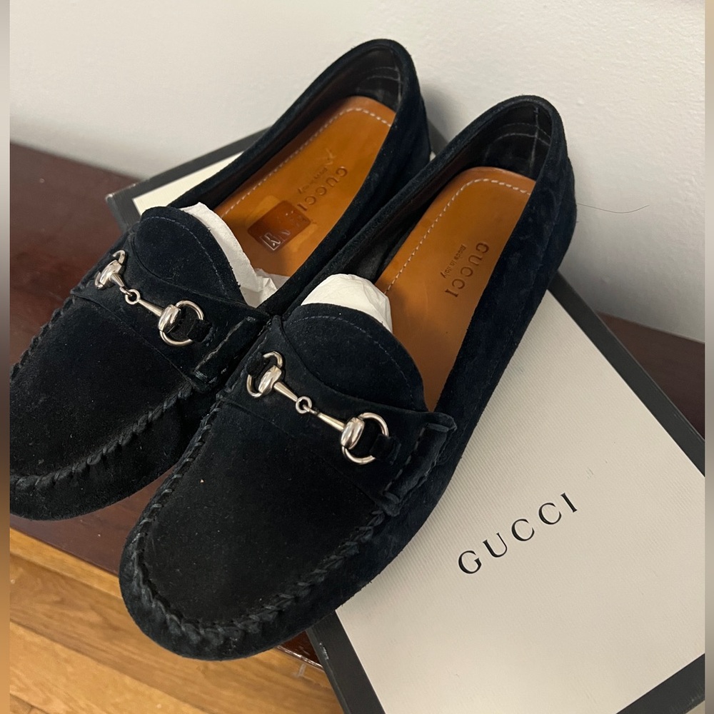 Women Gucci Navy Horsebit Loafers (36)